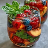 Vibrant summer sangria mocktail with colorful fruit and sparkling water garnish.