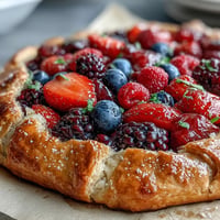 Rustic Summer Berry Galette with golden almond crust, brimming with fresh fruit.